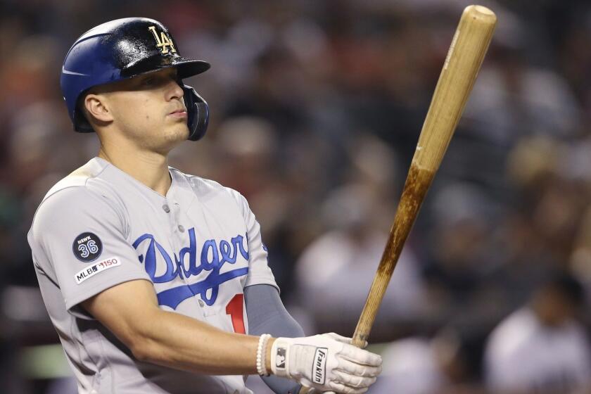 Los Angeles Dodgers' Enrique Hernandez steps in to bat against the Arizona Diamondbacks during the sixth inning of a baseball game Tuesday, June 25, 2019, in Phoenix. (AP Photo/Ross D. Franklin)