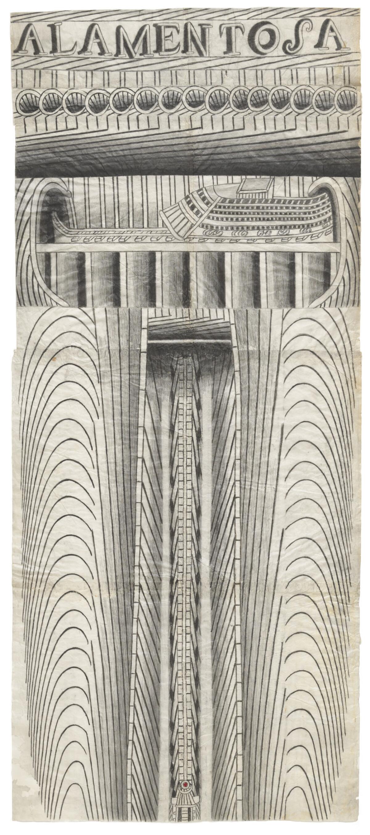 Martín Ramírez, "Untitled (Alamentosa)," circa 1953; pencil and watercolor on paper. (ICA LA)