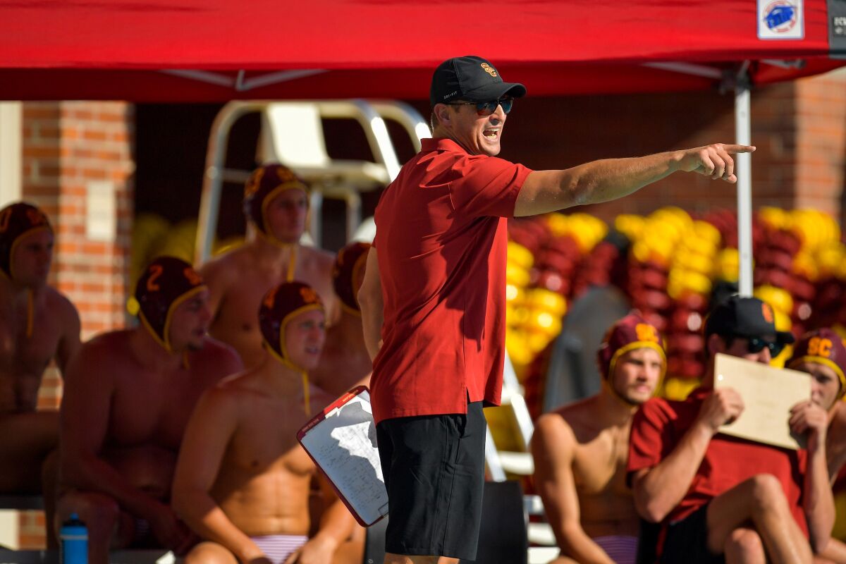USC coach Marko Pintaric directs players on the men's team during a 2019 match.