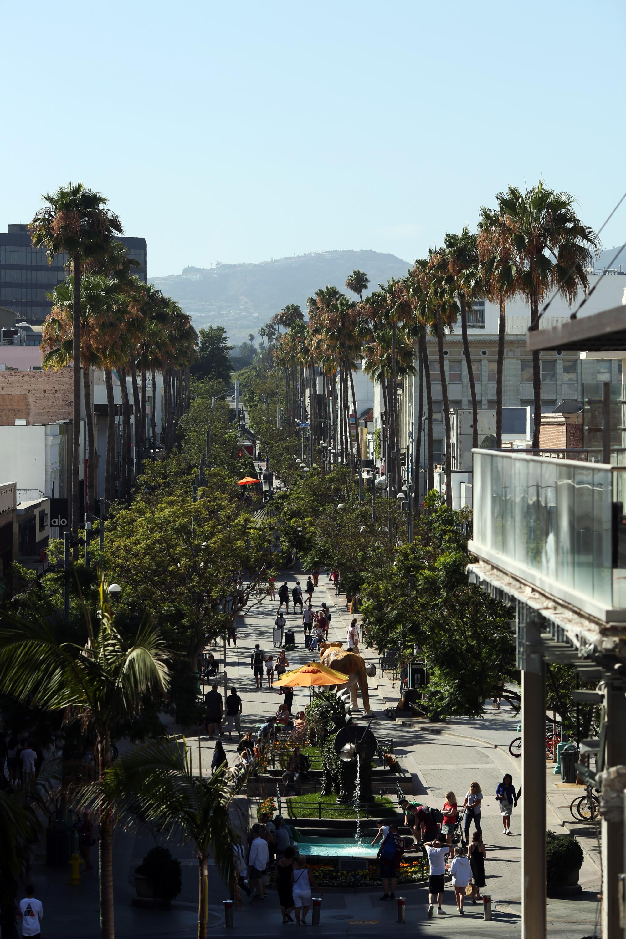 Palm trees line the Third Street Promenade in Santa Monica