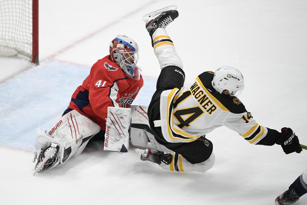 Boston Bruins right wing Chris Wagner (14) tumbles to the ice in front of Washington Capitals goaltender Vitek Vanecek (41) during the second period of an NHL hockey game, Tuesday, May 11, 2021, in Washington. (AP Photo/Nick Wass)