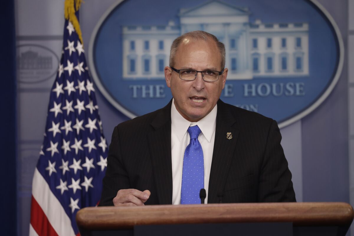 Acting Commissioner of Customs and Border Protection Mark Morgan speaks during a briefing at the White House, Tuesday, Oct. 8, 2019, in Washington. (AP Photo/Evan Vucci)