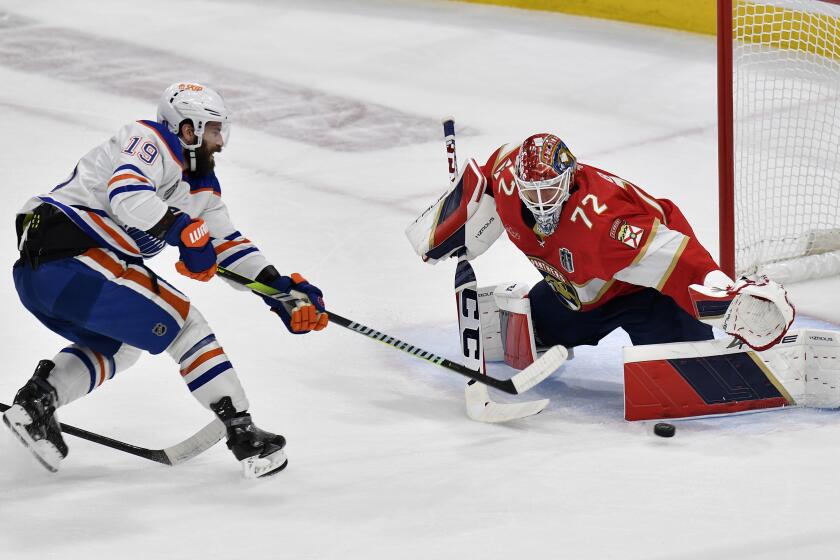 Florida Panthers goaltender Sergei Bobrovsky (72) defends the goal against Edmonton Oilers.