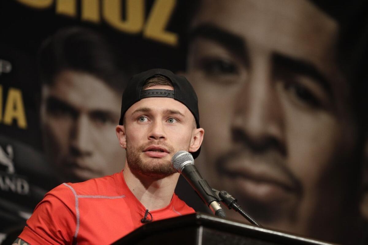Carl Frampton attends a news conference on Thursday in Las Vegas in advance of his title bout against Leo Santa Cruz on Saturday.