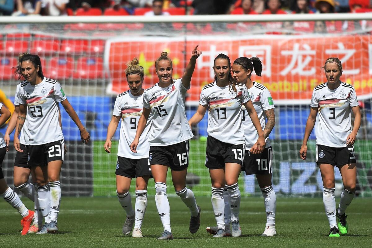Germany's defender Giulia Gwinn (C) celebrates after scoring a goal during the France 2019 Women's World Cup Group B football match between Germany and China, on June 8, 2019, at the Roazhon Park stadium in Rennes, western France.