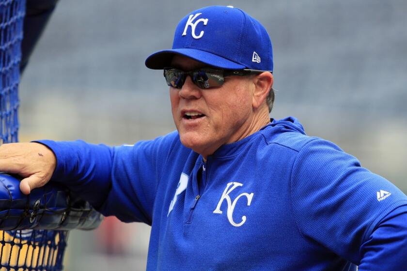 Kansas City Royals manager Ned Yost watches batting practice before a baseball game against the Los Angeles Angels at Kauffman Stadium in Kansas City, Mo., Friday, April 26, 2019. (AP Photo/Orlin Wagner)