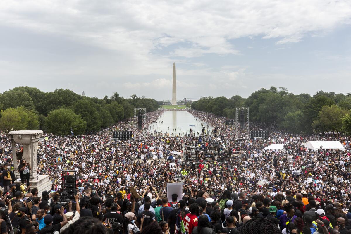 Demonstrators listen to speakers before marching towards the Martin Luther King Jr. Memorial during National Action Committee