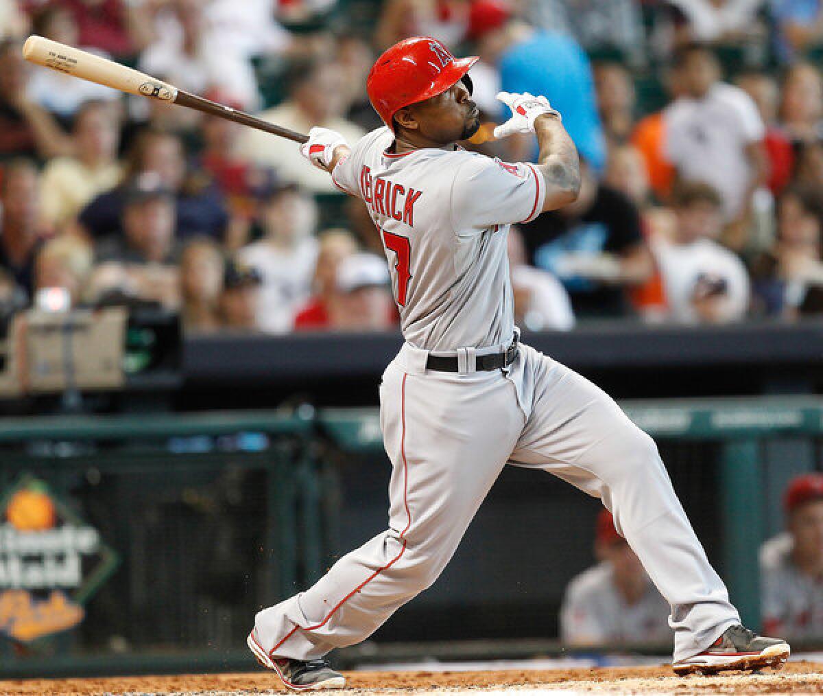 Angels second baseman Howie Kendrick follow through on a triple against the Astros in a game last week in Houston.