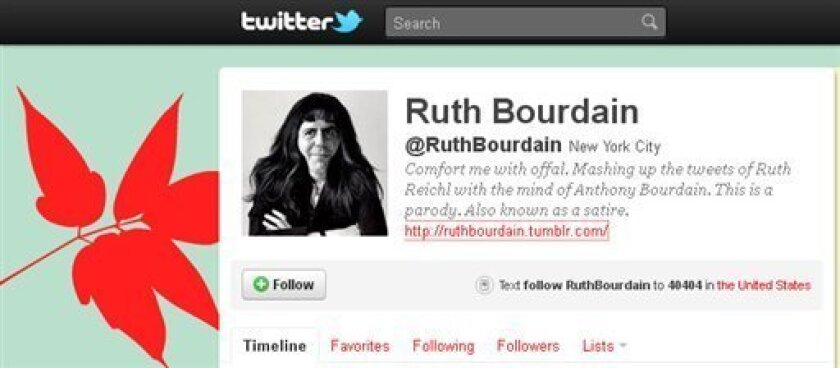 This screen shot made on Friday, May 6, 2011 shows part of the Twitter page for fictitious character Ruth Bourdain. On Friday, the so-called Oscars of the food world honored Ruth Bourdain _ the made up online mash up of culinary icons Ruth Reichl and Anthony Bourdain, with its first ever award for humor writing. Ruth Bourdain became a sensation during the past year almost exclusively by posting biting 140-character messages on Twitter. (AP Photo/Twitter)