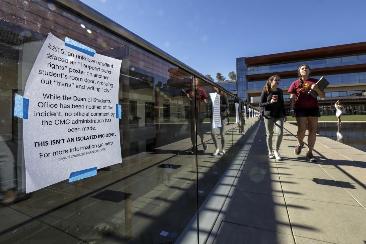 Numerous flyers printed with students personal experiences of racism on campus are posted around Claremont McKenna College.