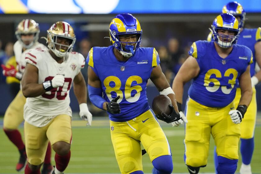 Los Angeles Rams' Kendall Blanton (86) runs during the second half of the NFC Championship NFL football game against the San Francisco 49ers Sunday, Jan. 30, 2022, in Inglewood, Calif. (AP Photo/Elaine Thompson)