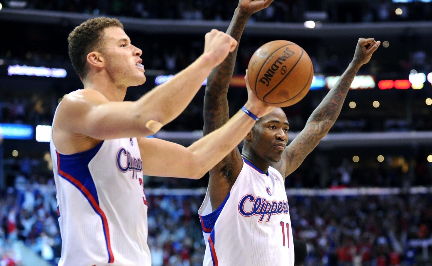 Clippers power forward Blake Griffin and guard Jamal Crawford react after earning a 101-99 victory over the Thunder in Game 4 on Sunday afternoon at Staples Center.