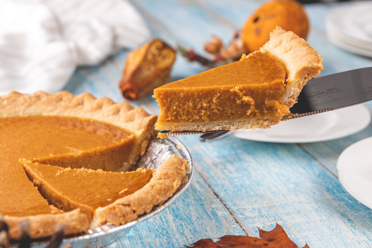 Close-up shot of a freshly cut slice of pumpkin pie being lifted out of a pie tin with a pie server.