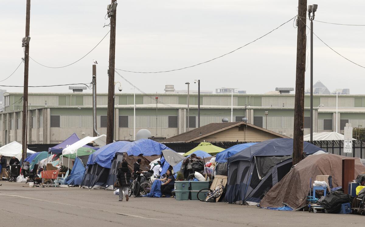 A homeless encampment on Sports Arena Boulevard in the Midway District is pictured in January 2022.