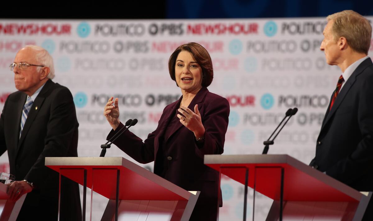 Amy Klobuchar makes a point in the debate.