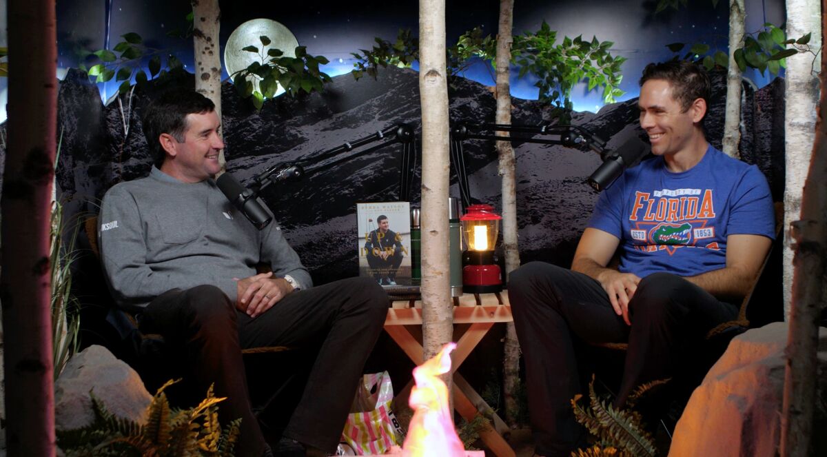 Professional golfer Bubba Watson (left) and host Ryan Bethea on the set of  the "I Went Camping With..." podcast.