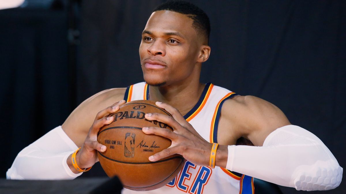 Oklahoma City Thunder guard Russell Westbrook is pictured during media day in Oklahoma City on Monday.