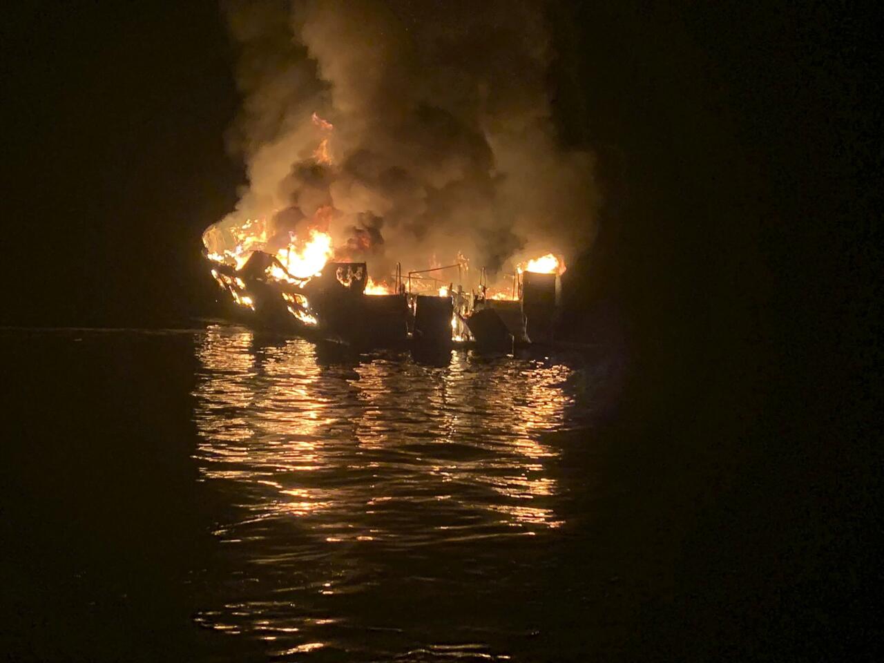 The dive boat Conception is engulfed in flames after a deadly fire broke out aboard the vessel off the Southern California Coast.