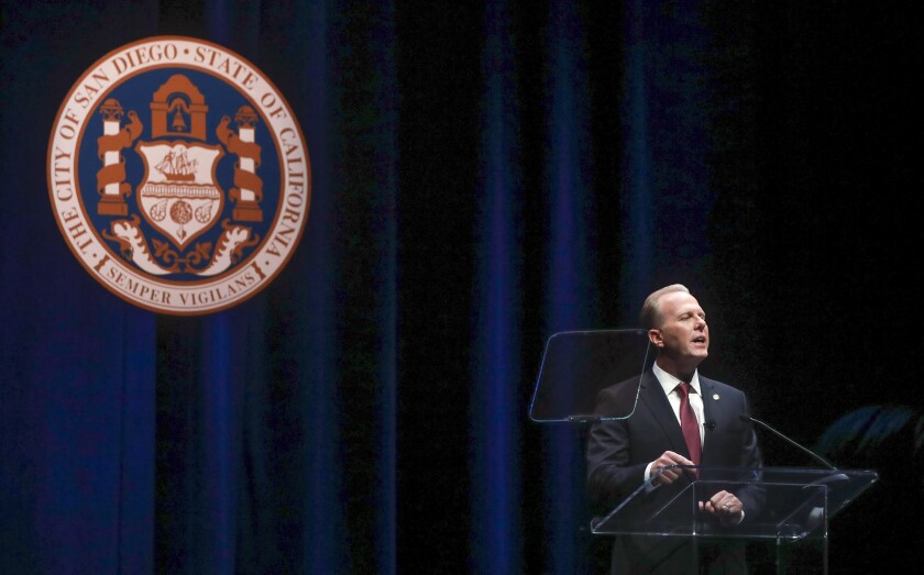 San Diego Mayor Kevin Faulconer makes his final State of the City speech at the Balboa Theatre on Wednesday, Jan. 15, 2020, in downtown San Diego.