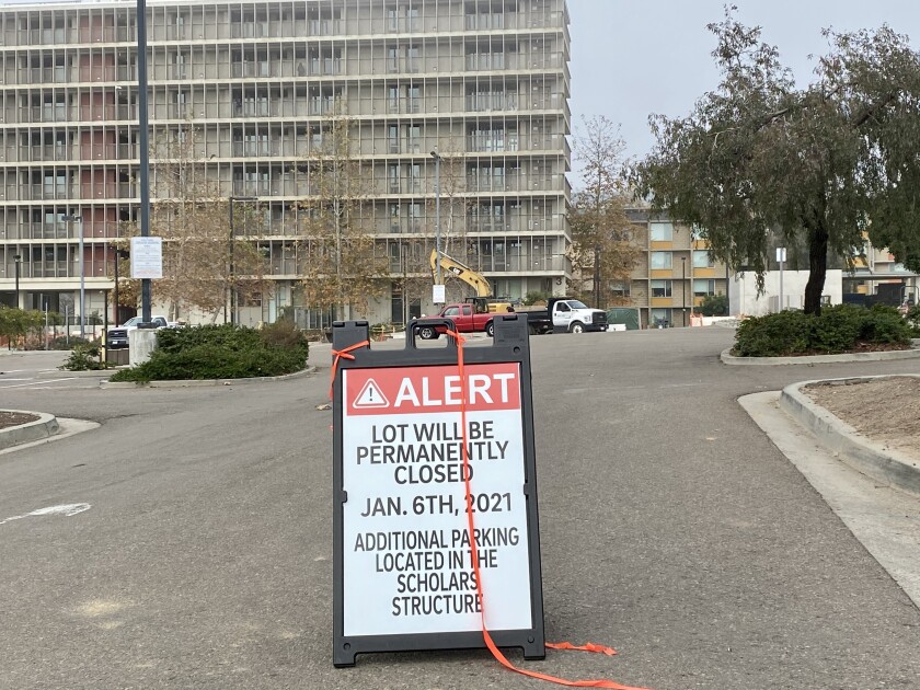 Parking lot P103 at UC San Diego is permanently closed as construction is underway on TDLLN.