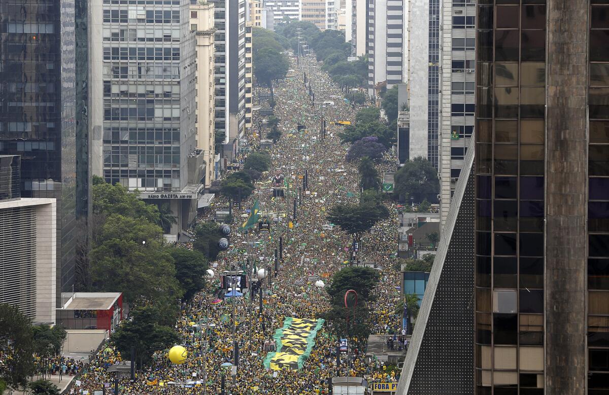 Demonstrators throng Avenida Paulista in Sao Paulo, Brazil, on Sunday to demand the impeachment of President Dilma Rousseff.