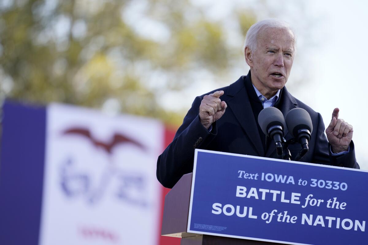 Former Vice President Joe Biden speaks at a rally at the Iowa State Fairgrounds in Des Moines on Friday.