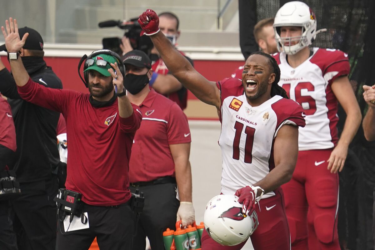 Arizona Cardinals wide receiver Larry Fitzgerald (11) celebrates during the second half of an NFL football game against the San Francisco 49ers in Santa Clara, Calif., Sunday, Sept. 13, 2020. (AP Photo/Tony Avelar)