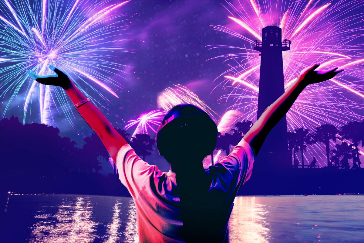 An illustration shows a girl facing water holding her arms up to a fireworks show over head. 
