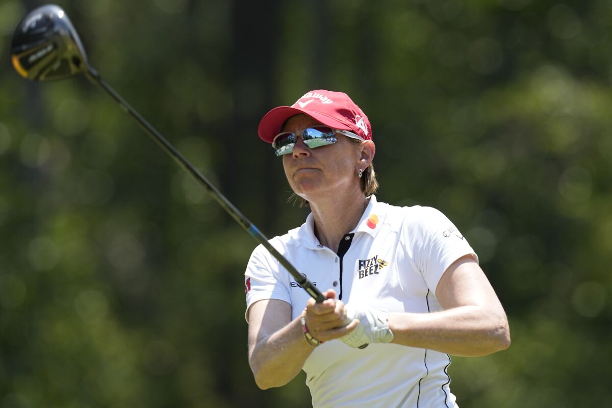 Annika Sorenstam hits the ball off twhe sixth tee during the first round of the U.S. Women's Open golf tournament at the Pine Needles Lodge & Golf Club in Southern Pines, N.C. on Thursday, June 2, 2022. (AP Photo/Steve Helber)