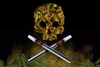 skull and crossbones formed by cannabis and two vape pens on a black background with marijuana plants