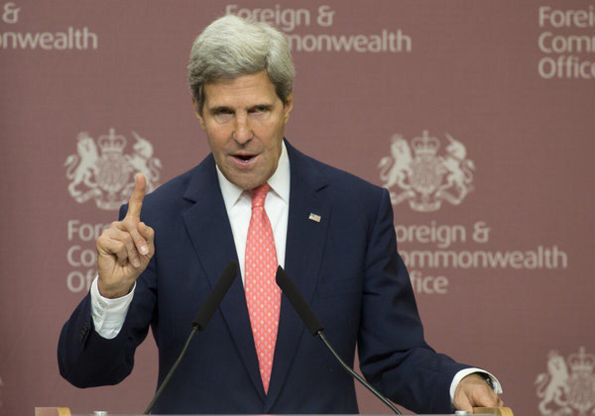 In London on Monday, Secretary of State John Kerry, asked how Syrian President Bashar Assad could avoid a U.S.-led a military strike, said, "Turn over every single bit of his chemical weapons to the international community, in the next week -- turn it over, all of it."