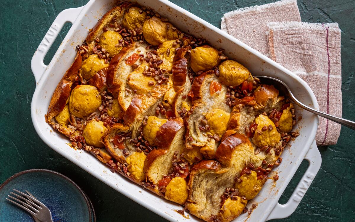 Capirotada (a quince bread pudding) ready to serve at the home of Paola Briseno Gonzalez 