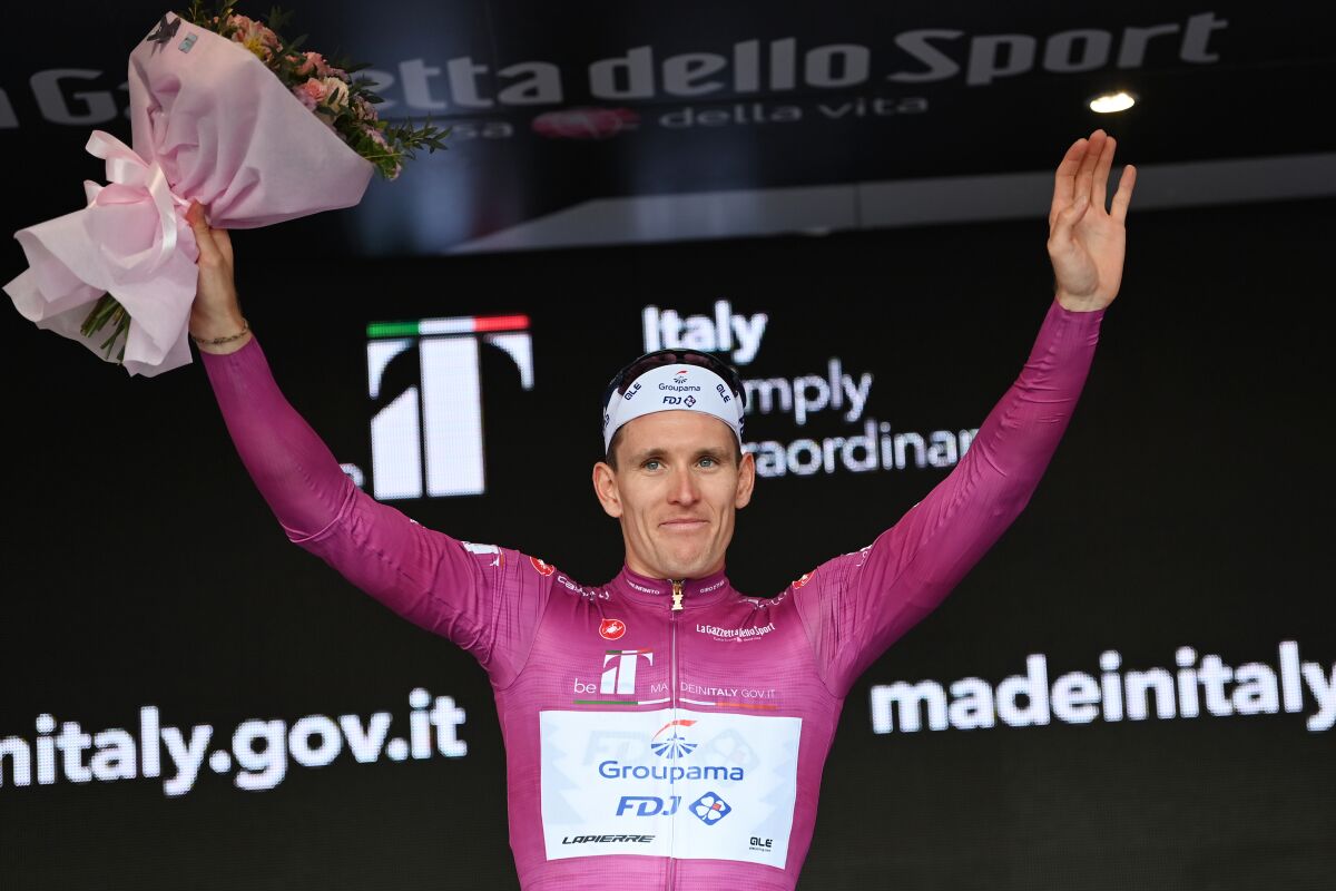 Groupama FDJ's Arnaud Demare celebrates after winning the 192-kilometer 6th stage of the Giro D'Italia cycling race from Palmi to Scalea in southern Italy, Thursday, May 12, 2022. (Gian Mattia D'Alberto/LaPresse via AP)