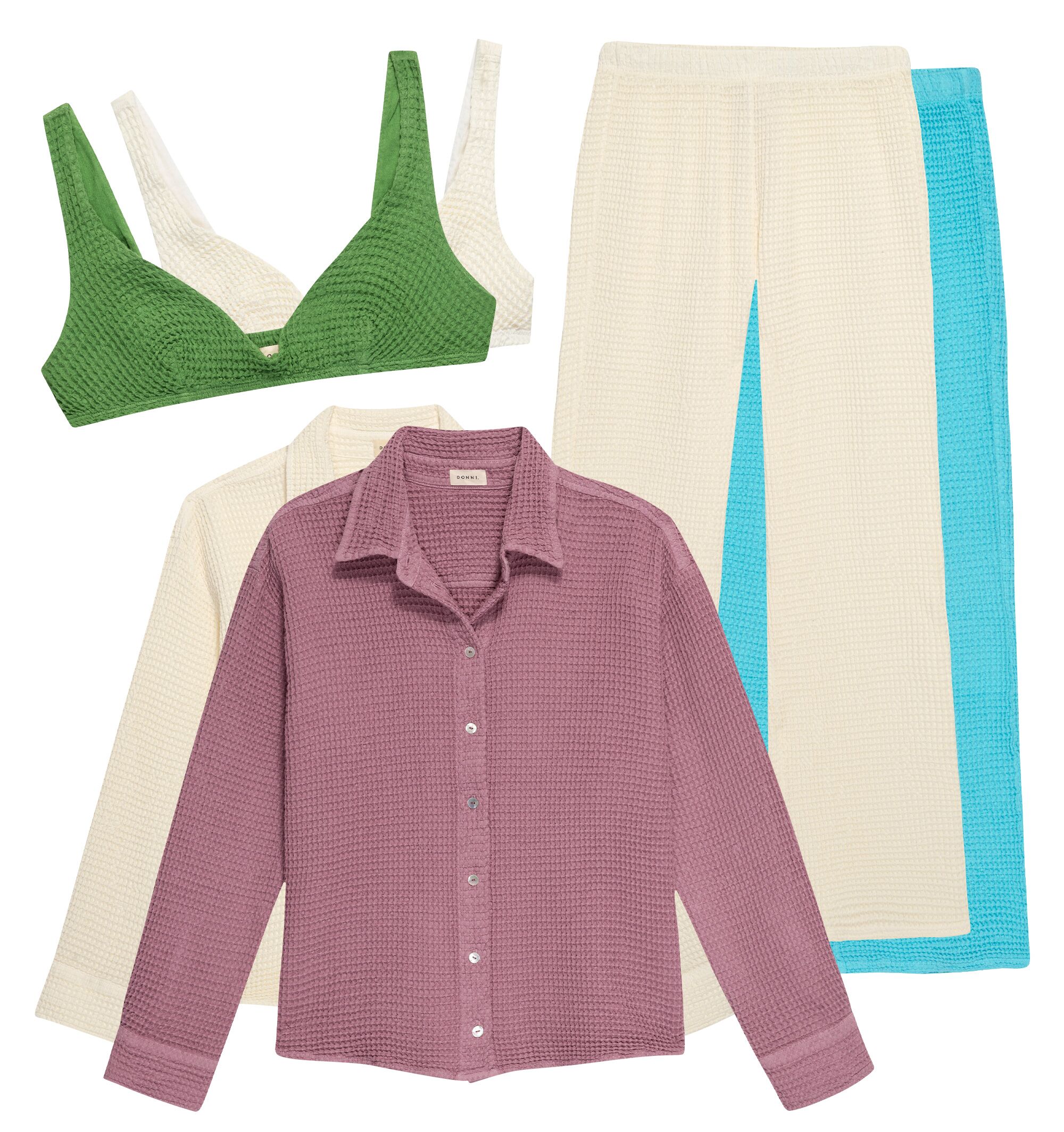 A green bra top and a lavender long-sleeved button-down shirt.