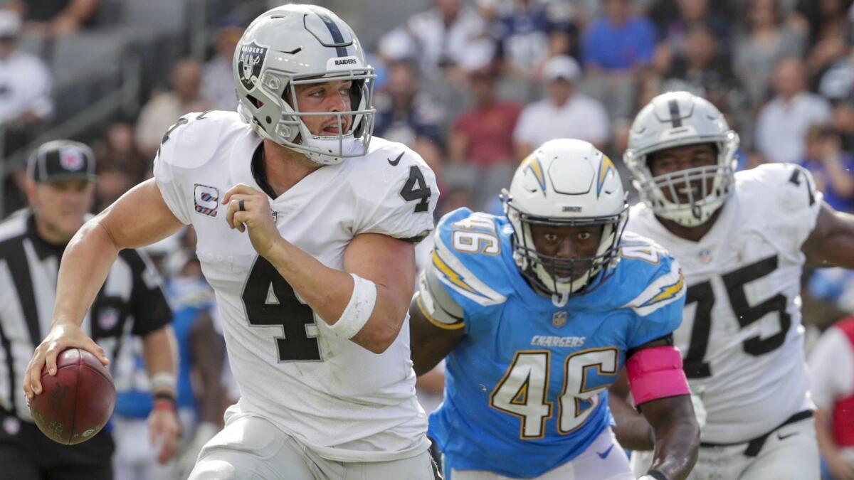 Chargers defensive end Christopher Landrum chases Raiders quarterback Derek Carr out of the pocket.