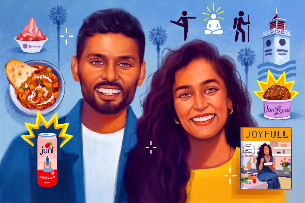 Illustration of man and woman smiling surrounded by items like a cookbook, canned tea, ice cream, food and palm trees