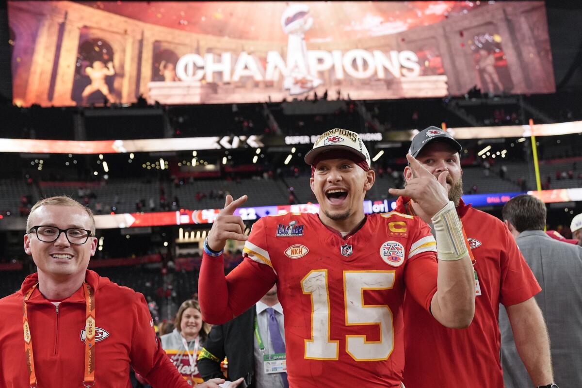Kansas City Chiefs quarterback Patrick Mahomes (15) celebrates a Super Bowl LVIII win against the San Francisco 49ers 