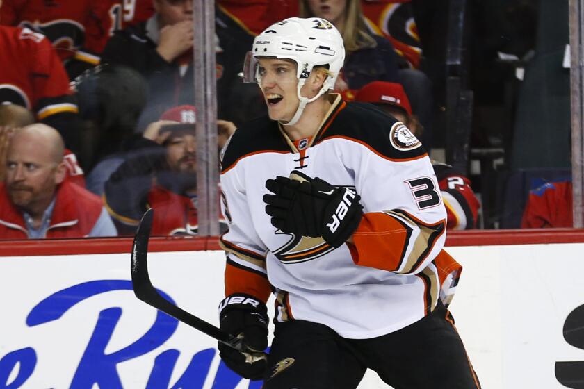 Ducks forward Jakob Silfverberg celebrates after scoring a goal in Game 4 against the Flames in the Western Conference Semifinals.
