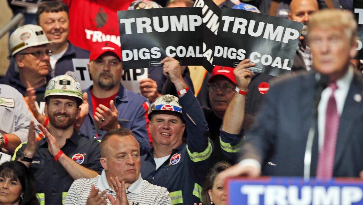 Coal miners wave signs at a rally for then-candidate Donald Trump on May 5, 2016.