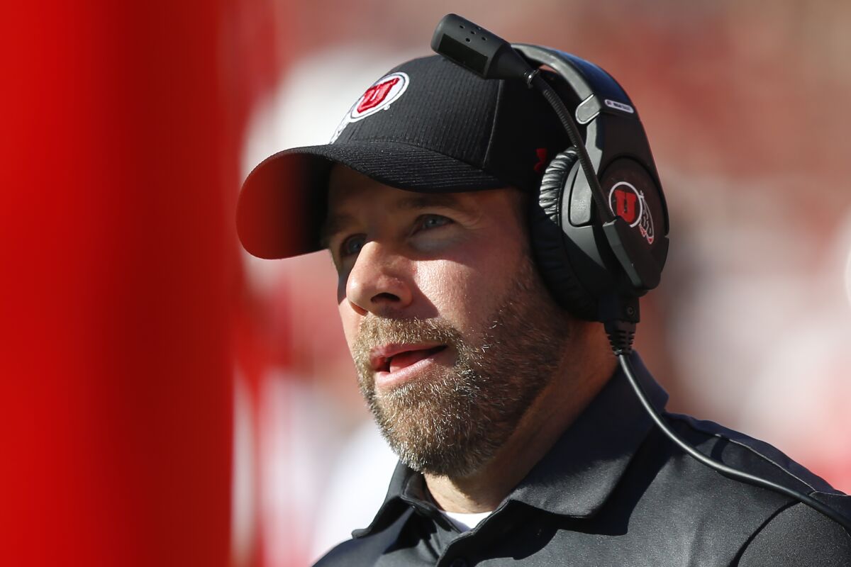 Utah defensive coordinator Morgan Scalley looks on against Idaho State on Sept. 14, 2019.