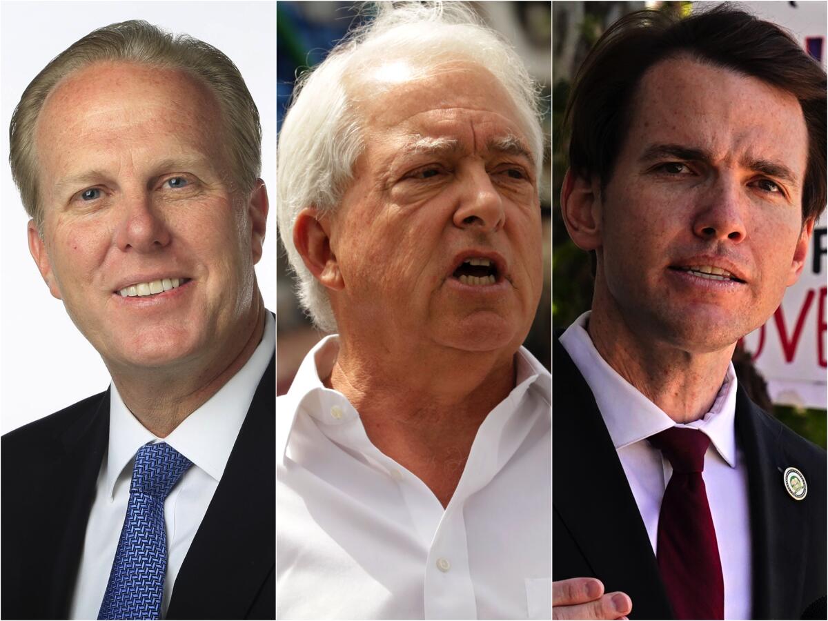 Candidates in the California governor's recall race are Kevin Faulconer, left, John Cox and Kevin Kiley.