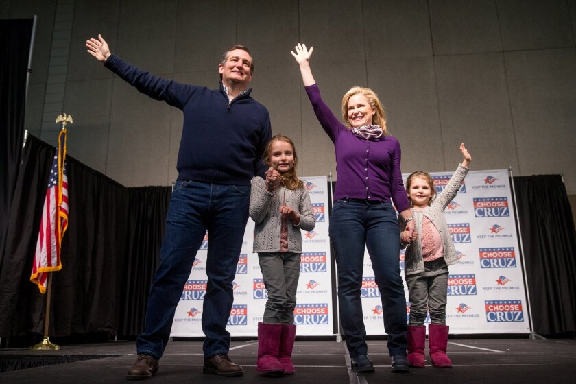 Heidi Cruz, with her husband, Republican presidential candidate Sen. Ted Cruz of Texas, and their daughters, Caroline, 7, left, and Catherine, 4, during a campaign event in Waterloo, Iowa.