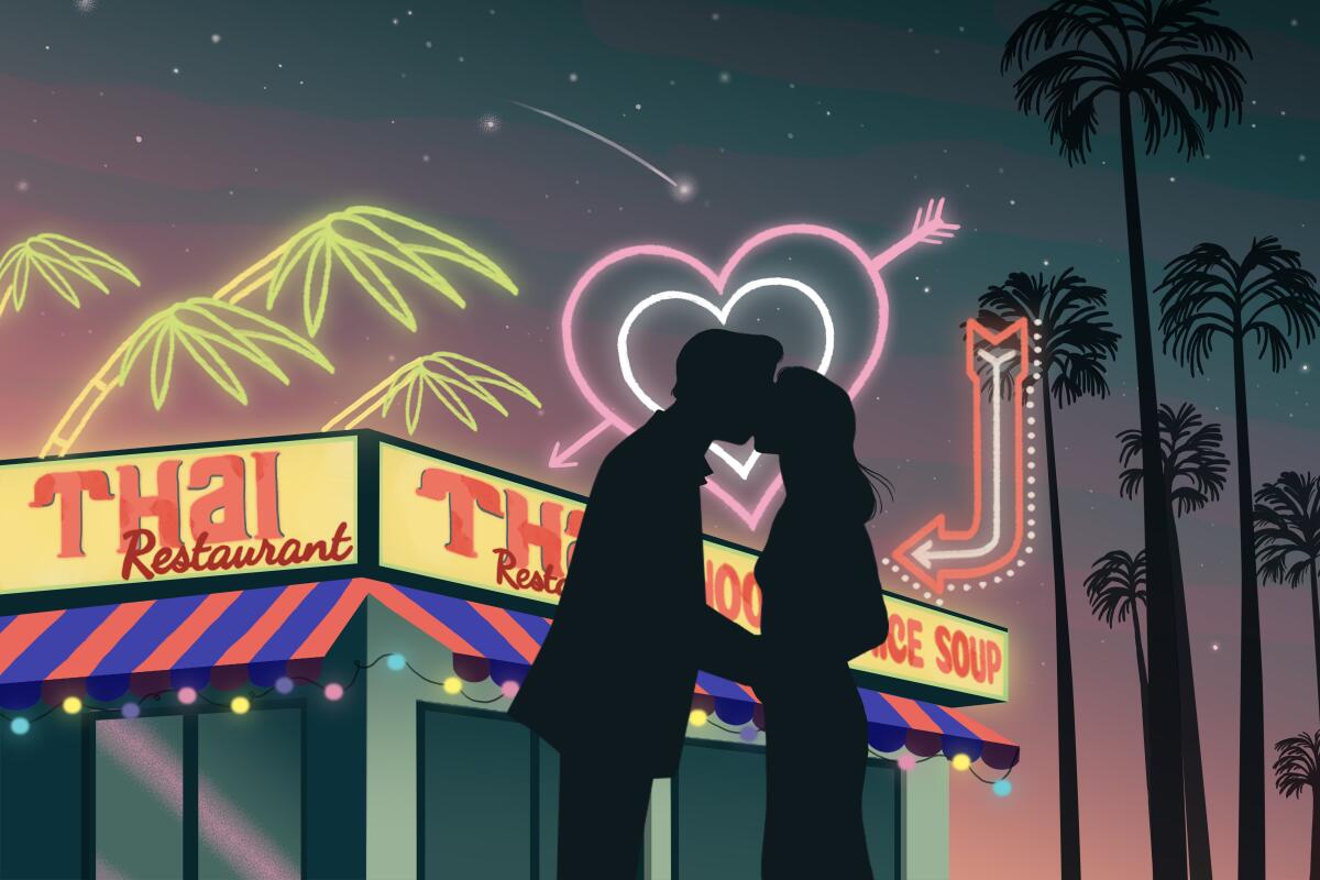 An illustration of two silhouetted people kissing in front of a Thai restaurant