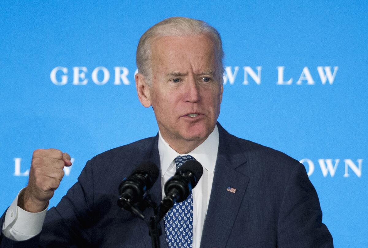 Vice President Joe Biden speaks about the Supreme Court vacancy and confirmation process at the Georgetown University Law Center in Washington on Thursday.