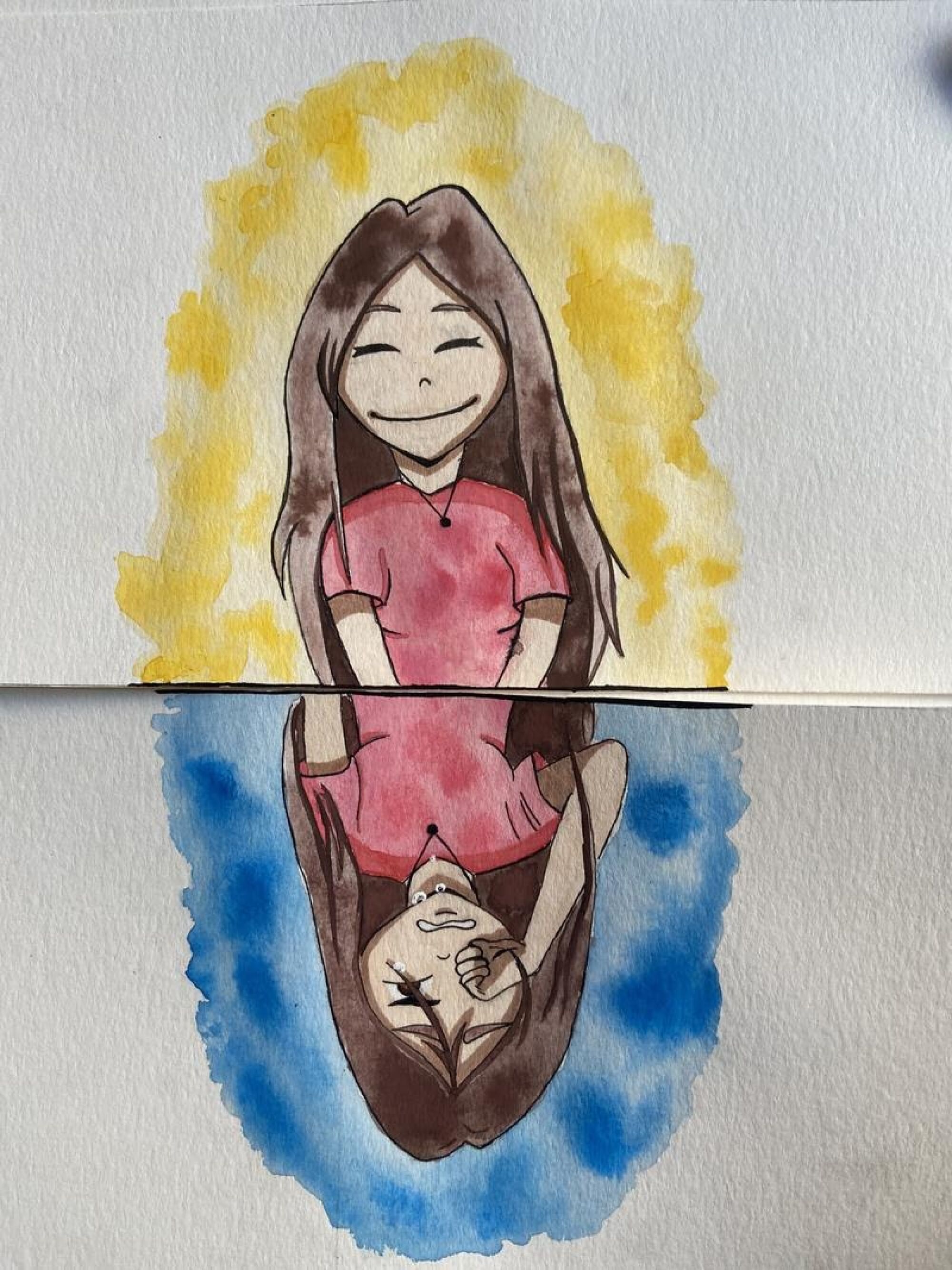 A drawing of a smiling girl with a crying girl reflected underneath