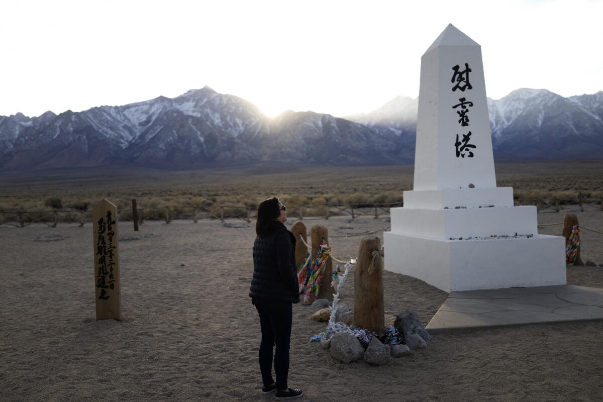 Visitor to cemetery at former Manzanar internment camp