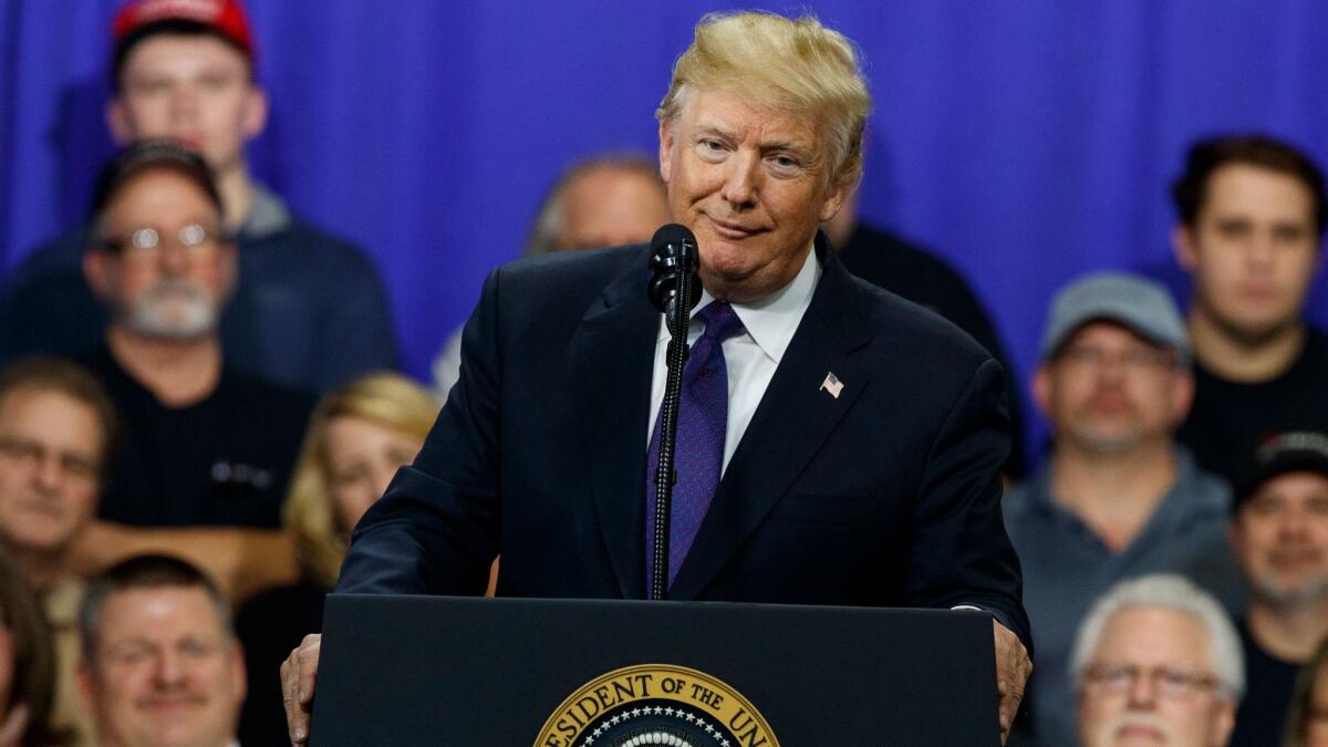 President Donald Trump delivers remarks to promote his tax policy in Blue Ash, Ohio on Feb. 5, 2018.