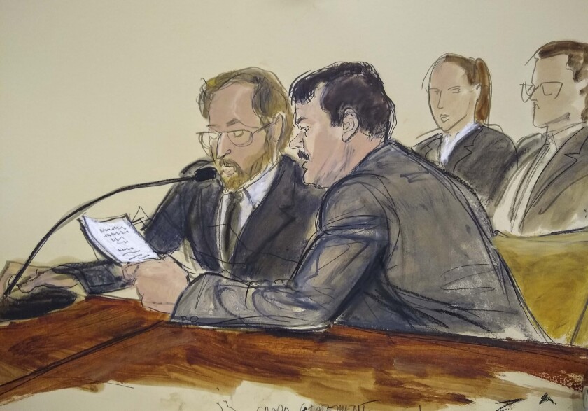 FILE - In this courtroom sketch, Joaquin "El Chapo" Guzman, foreground right, reads a statement through an interpreter during his sentencing in federal court, July 17, 2019, in New York. A US appeals court affirmed on Tuesday, Jan. 25, 2022 the conviction of Joaquín “El Chapo” Guzmán, who had asked for his 2019 indictment for drug trafficking to be dismissed. (Elizabeth Williams via AP, File)