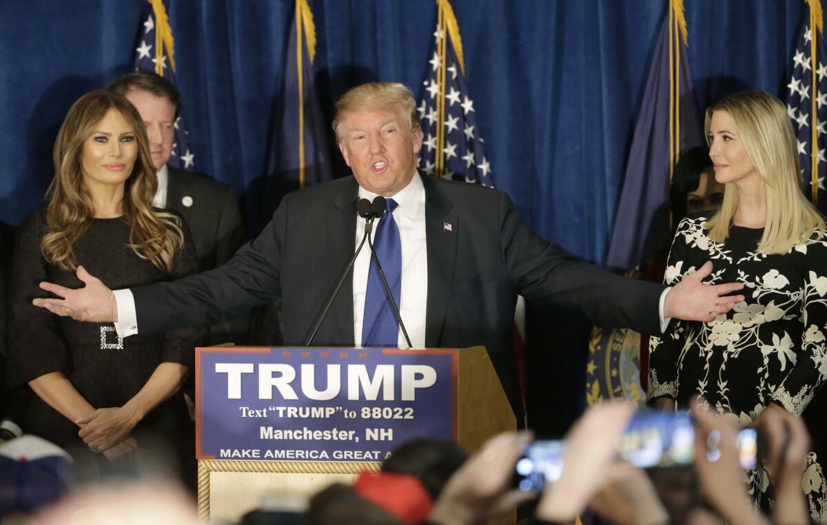 Republican presidential candidate Donald Trump speaks to supporters during a primary night rally in Manchester, N.H.
