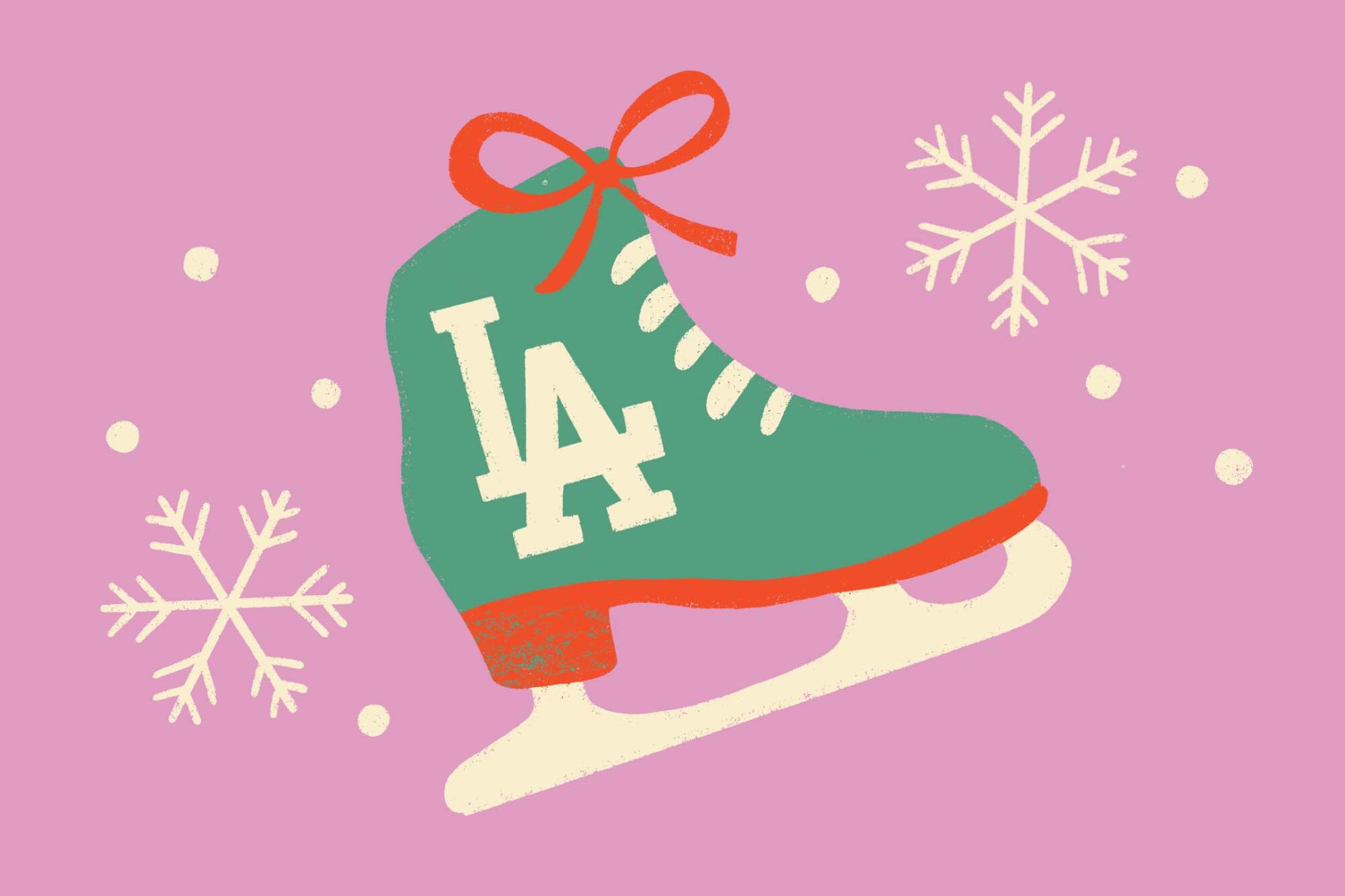 Illustration of an ice skate with the Dodgers logo on it.